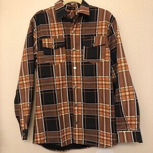 Uomoz Stretchy fleece lined long Sleeve collared snap plaid shacket jacket -L